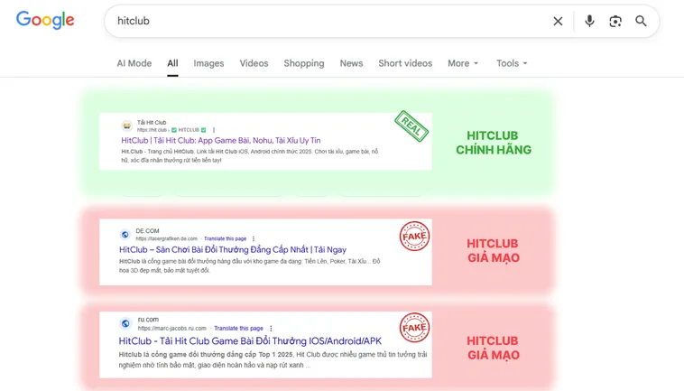 Link thật Hit.Club luôn có định dạng chuẩn https://www.hit.club, còn link giả Hit.Club thường thêm ký tự lạ, số hoặc tên miền phụ.